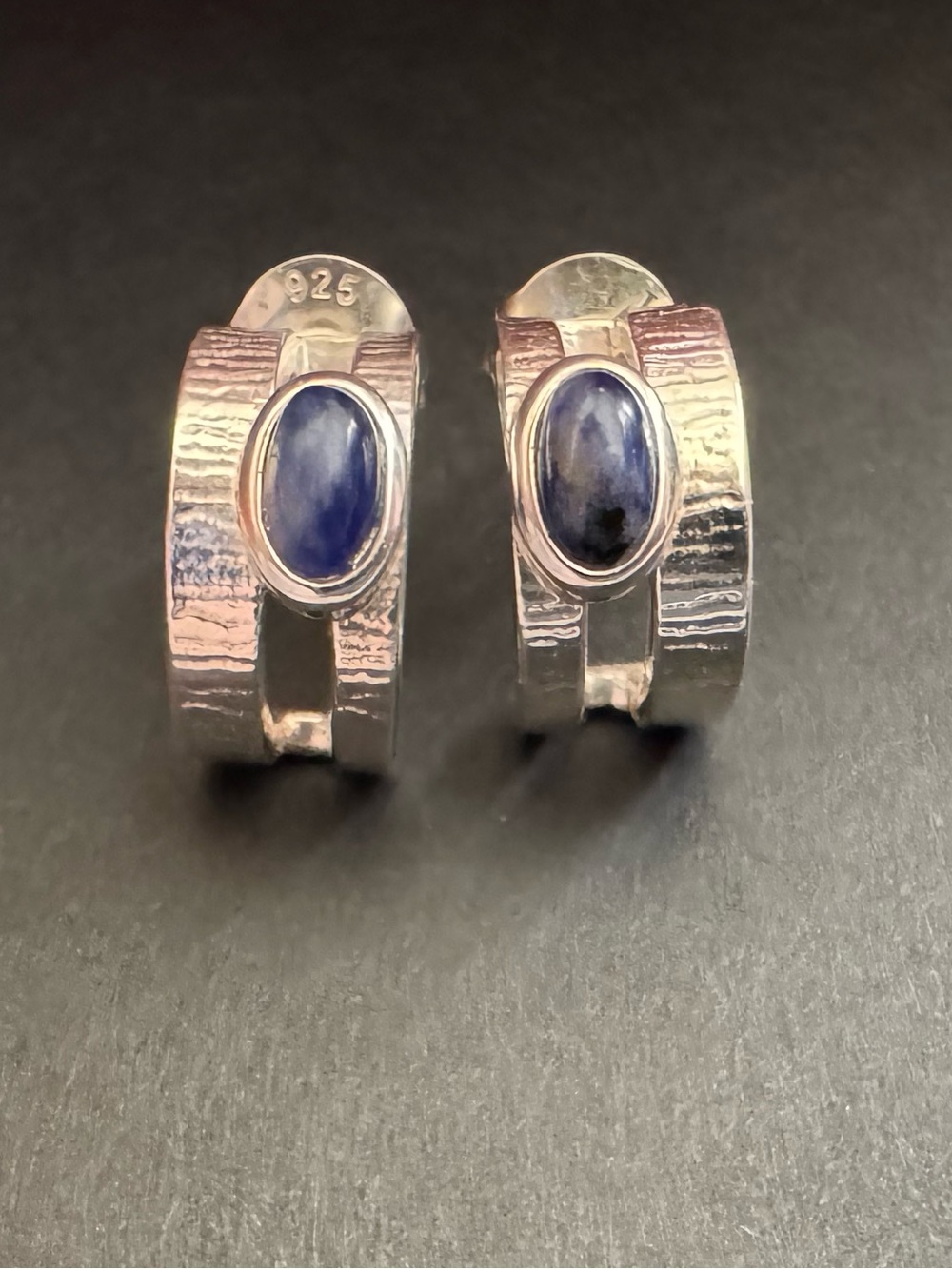 Sterling Silver Lapis Similar Open Hoop Earrings | 925 90s boho cabochon western